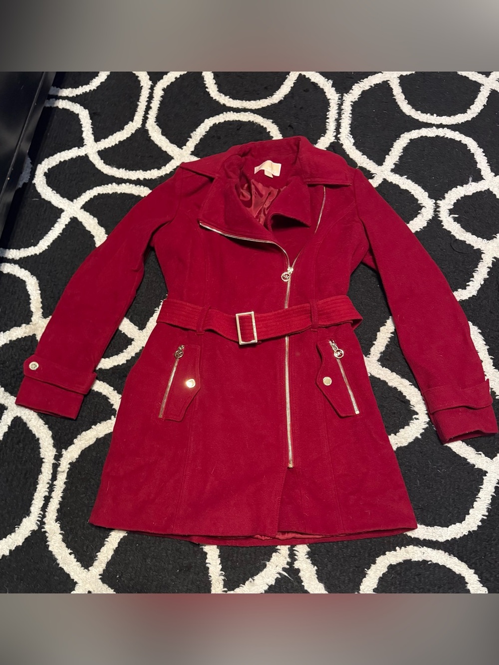 Michael Kors Women’s Small Red Belted Wool Blend Moto Coat